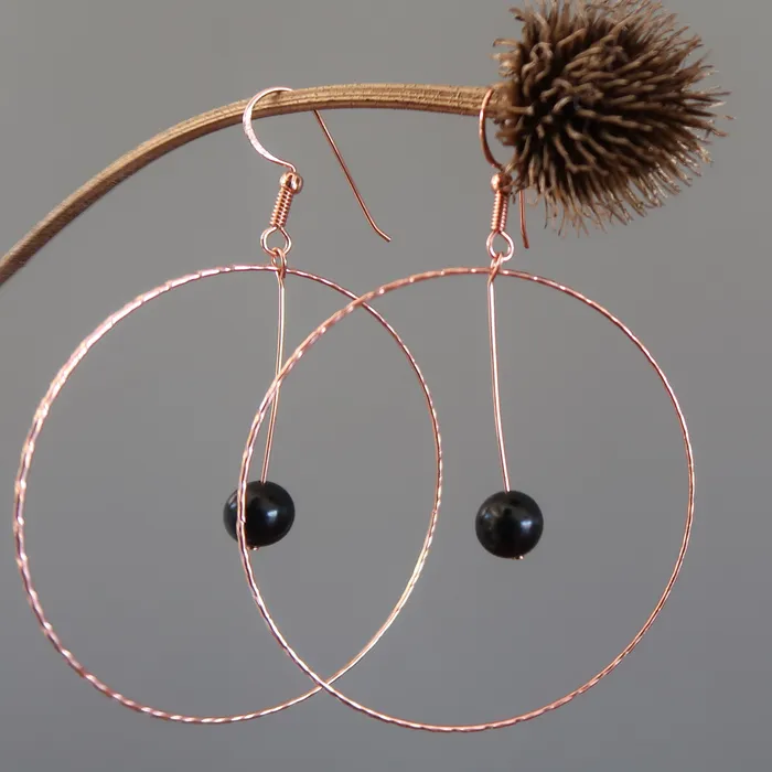 Satin Crystals Earrings Jet Earrings Circle of Confidence Hoop Protection Copper