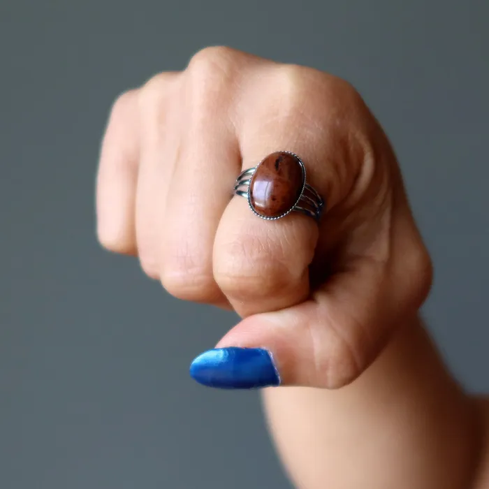 Satin Crystals Rings Mahogany Obsidian Ring Gem Gunmetal Adjustable