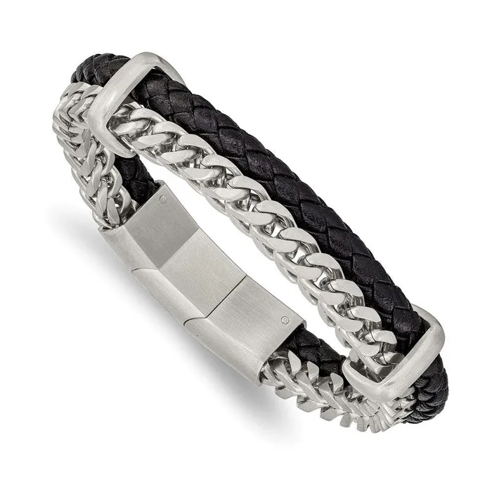 Stainless Steel Brushed Leather and Chain 8in w5in ext Bracelet Chisel Bracelets Stainless Steel Brushed Leather and Chain 8in w5in ext Bracelet Chisel Bracelets