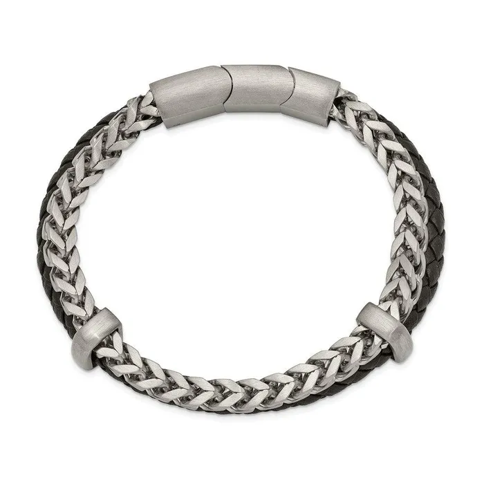 Stainless Steel Brushed Leather and Chain 8in w5in ext Bracelet Chisel Bracelets Stainless Steel Brushed Leather and Chain 8in w5in ext Bracelet Chisel Bracelets
