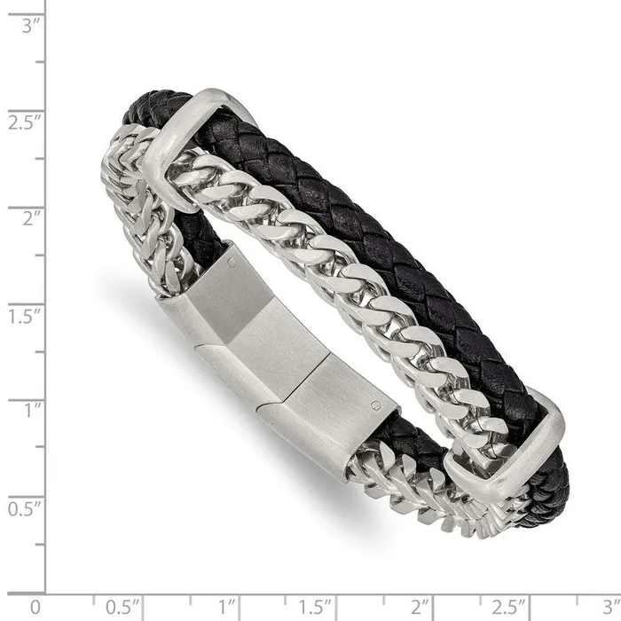 Stainless Steel Brushed Leather and Chain 8in w5in ext Bracelet Chisel Bracelets Stainless Steel Brushed Leather and Chain 8in w5in ext Bracelet Chisel Bracelets