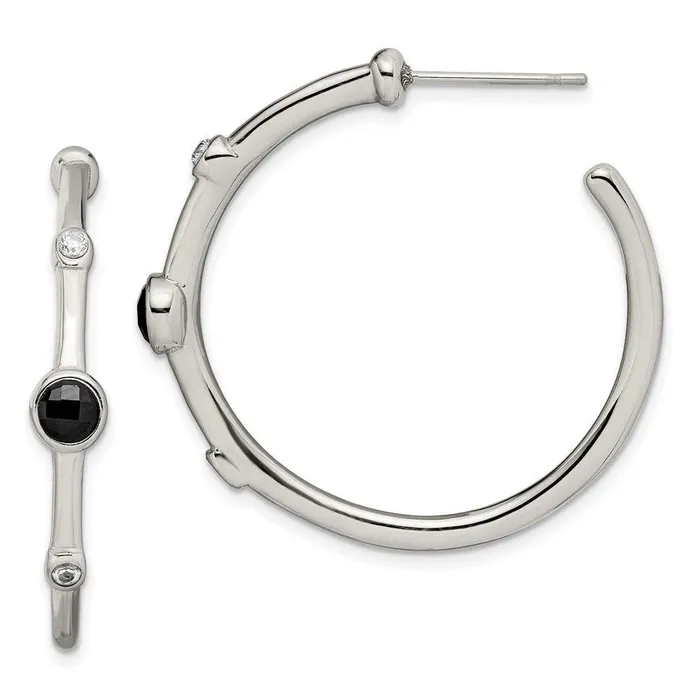 Stainless Steel Polished Black OnyxCZ Post Hoop Earrings Chisel Earrings