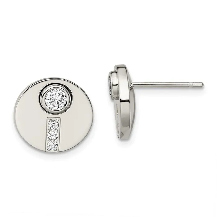 Stainless Steel Polished CZ Circle Post Earrings Chisel Earrings