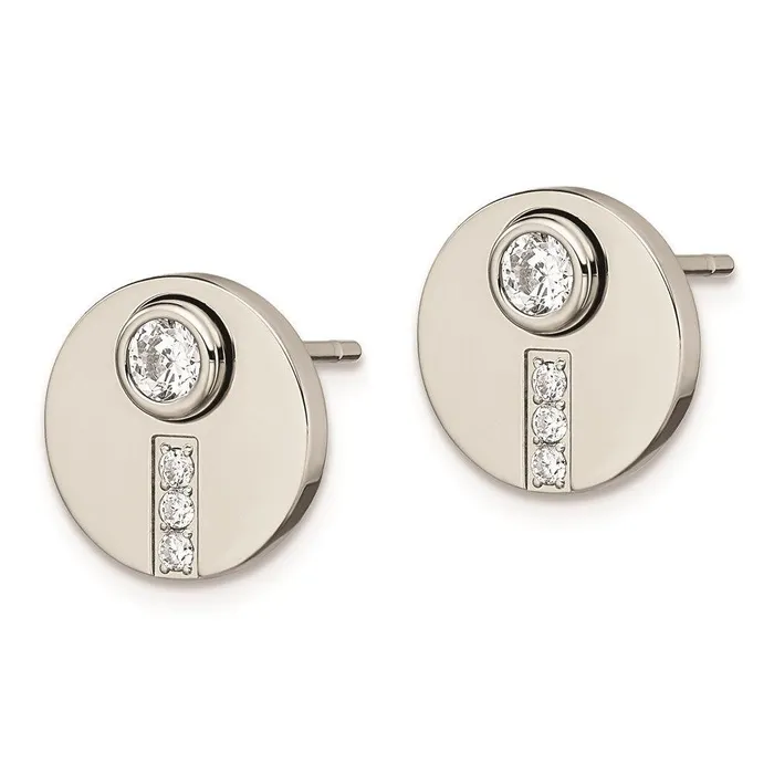 Stainless Steel Polished CZ Circle Post Earrings Chisel Earrings
