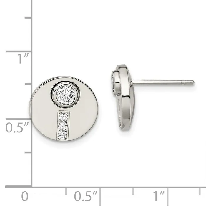 Stainless Steel Polished CZ Circle Post Earrings Chisel Earrings
