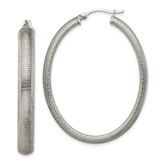 Stainless Steel Polished Textured Oval Hoop Earrings Chisel Earrings