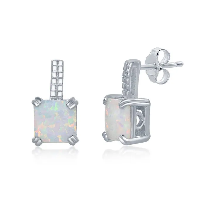 Sterling Silver Beaded Bar and White Opal Earrings Classic Earrings