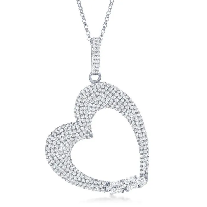 Sterling Silver Micro Pave Heart CZ Pendant Chain Classic Necklaces