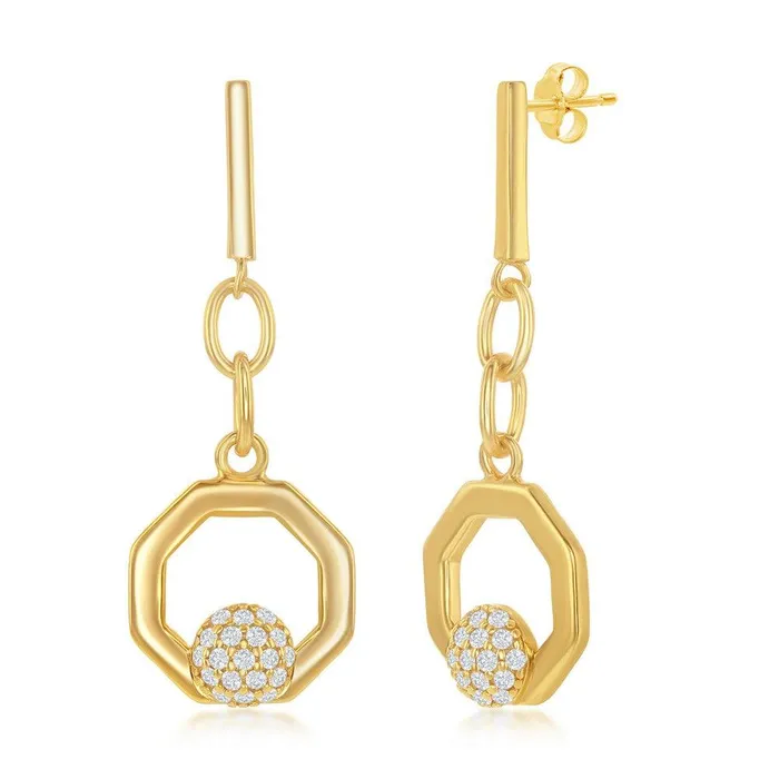 Sterling Silver Round Micro Pave CZ Open Hexagon Pendant Earrings Set With Chain Gold Plated Classic Earrings Sterling Silver Round Micro Pave CZ Open Hexagon Pendant Earrings Set With Chain Gold Plated Classic Earrings