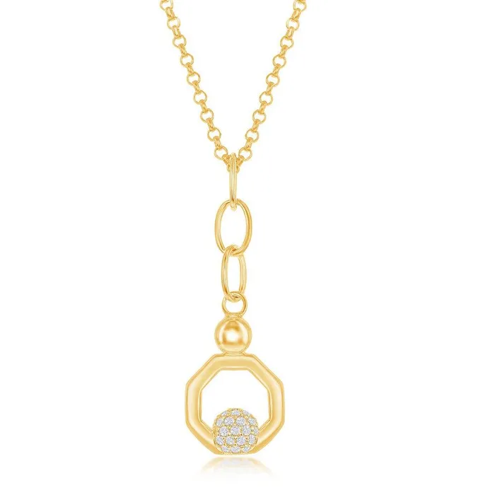 Sterling Silver Round Micro Pave CZ Open Hexagon Pendant Earrings Set With Chain Gold Plated Classic Earrings Sterling Silver Round Micro Pave CZ Open Hexagon Pendant Earrings Set With Chain Gold Plated Classic Earrings