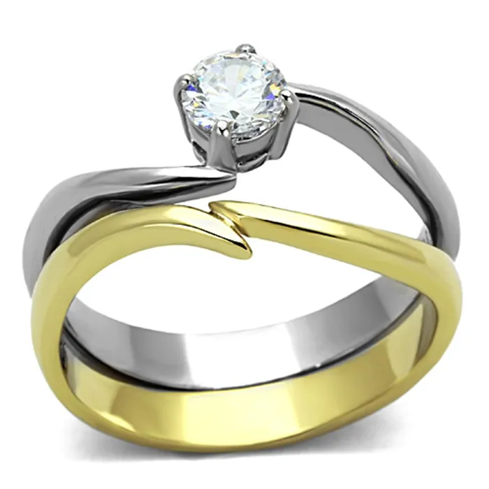 TK1092 TwoTone IP Gold Ion Plating Stainless Steel Ring with AAA Grade CZ in Clear Alamode Rings TK1092 TwoTone IP Gold Ion Plating Stainless Steel Ring with AAA Grade CZ in Clear Alamode Rings