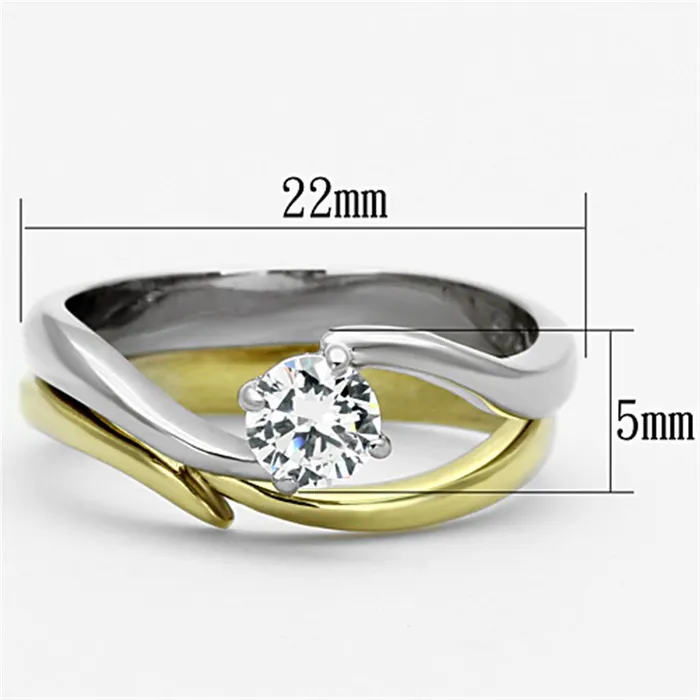 TK1092 TwoTone IP Gold Ion Plating Stainless Steel Ring with AAA Grade CZ in Clear Alamode Rings