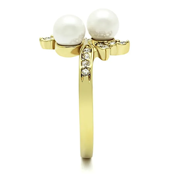 TK116G IP GoldIon Plating Stainless Steel Ring with Synthetic Pearl in White Alamode Rings