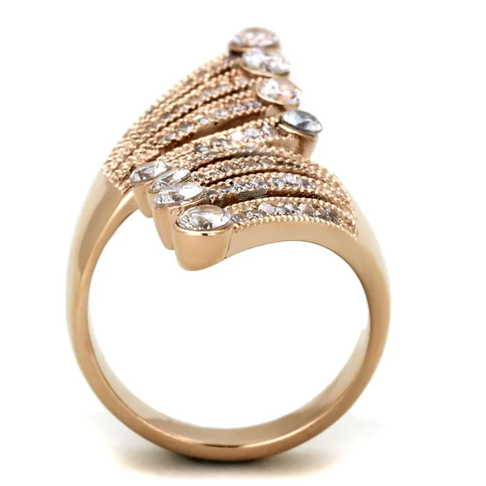 TK1631 IP Rose GoldIon Plating Stainless Steel Ring with AAA Grade CZ in Clear Alamode Rings