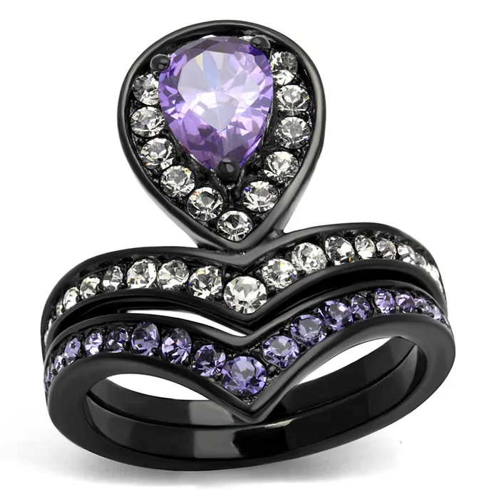TK2186 IP BlackIon Plating Stainless Steel Ring with AAA Grade CZ in Amethyst Alamode Rings