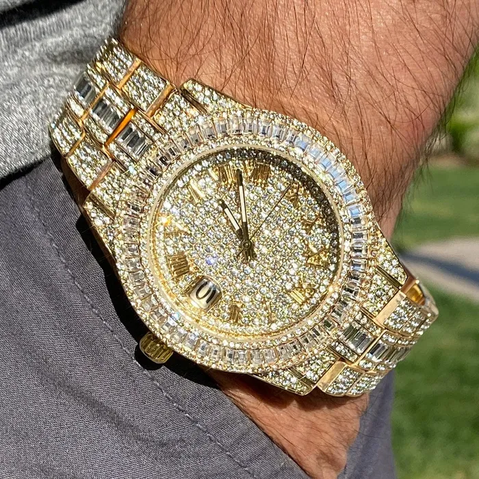 Watches Bling Cartel Mens Big Hip Hop Watch Iced Baguettes Calendar Gold Finish Watches Bling Cartel Mens Big Hip Hop Watch Iced Baguettes Calendar Gold Finish