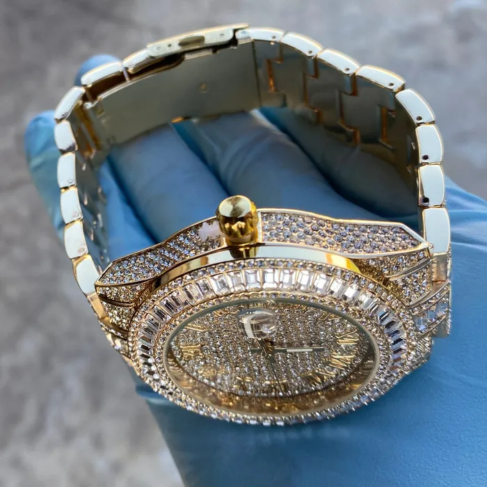 Watches Bling Cartel Mens Big Hip Hop Watch Iced Baguettes Calendar Gold Finish Watches Bling Cartel Mens Big Hip Hop Watch Iced Baguettes Calendar Gold Finish