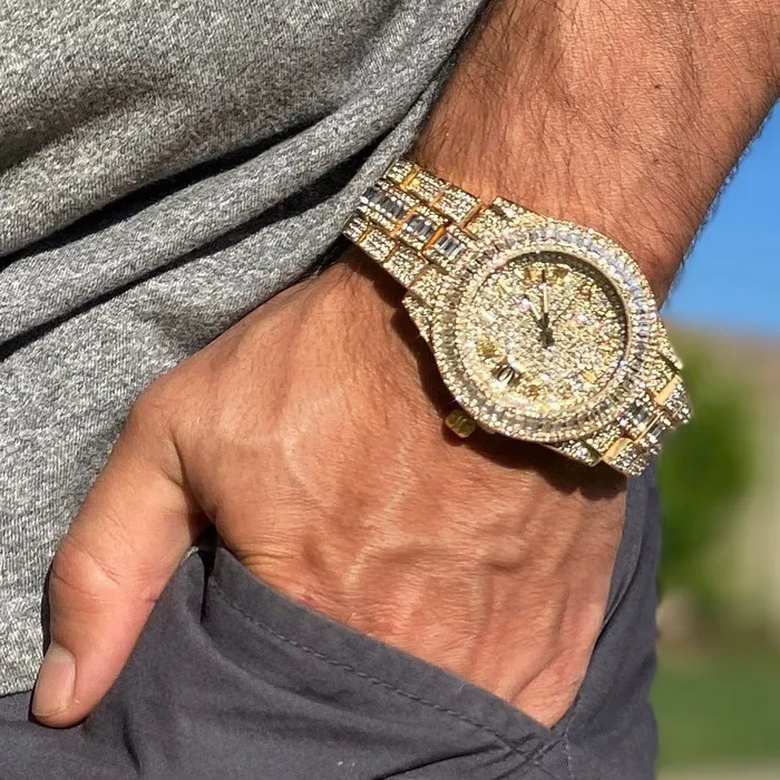 Watches Bling Cartel Mens Big Hip Hop Watch Iced Baguettes Calendar Gold Finish Watches Bling Cartel Mens Big Hip Hop Watch Iced Baguettes Calendar Gold Finish