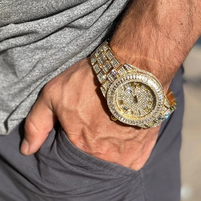 Watches Bling Cartel Mens Big Hip Hop Watch Iced Baguettes Calendar Gold Finish Watches Bling Cartel Mens Big Hip Hop Watch Iced Baguettes Calendar Gold Finish