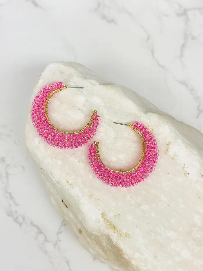 Beaded Cluster Open Hoop Earrings Hot Pink Prep Obsessed CT Earrings