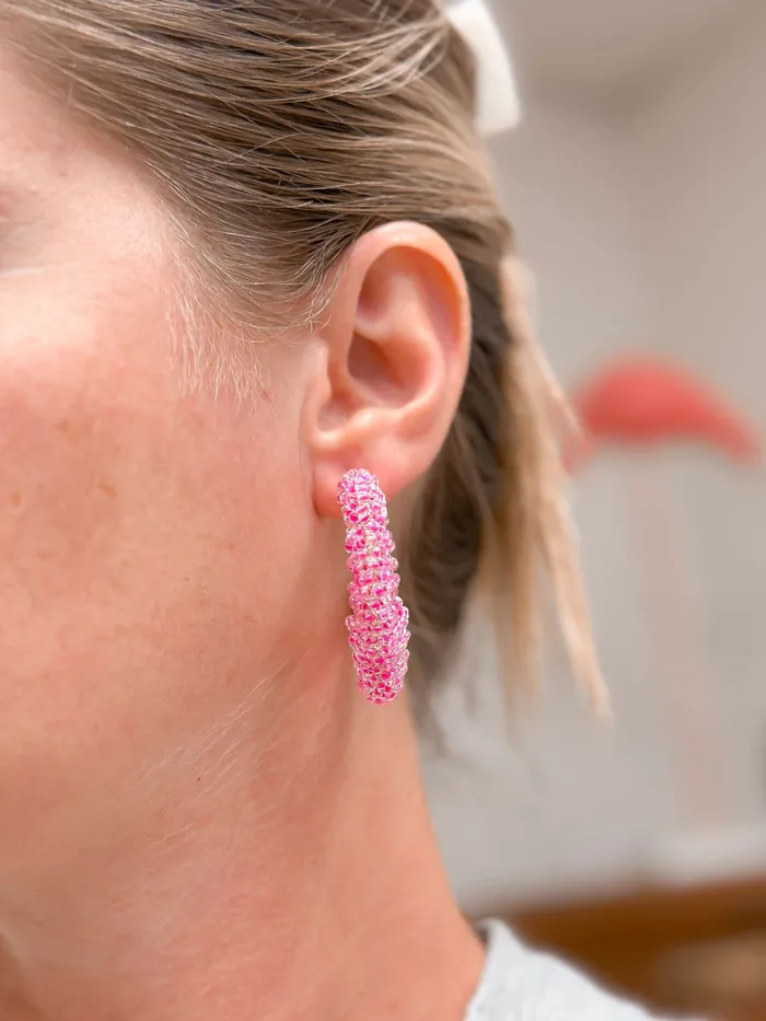 Beaded Cluster Open Hoop Earrings Hot Pink Prep Obsessed CT Earrings