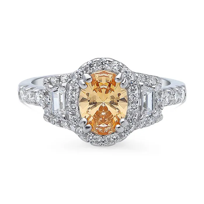 BERRICLE 3Stone Halo Yellow Oval CZ Ring in Sterling Silver 12ct Rings