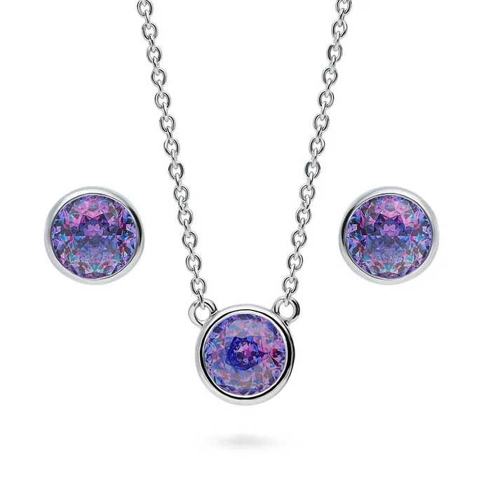 BERRICLE Earrings Solitaire Kaleidoscope Purple Aqua CZ Set in Sterling Silver BERRICLE Earrings Solitaire Kaleidoscope Purple Aqua CZ Set in Sterling Silver