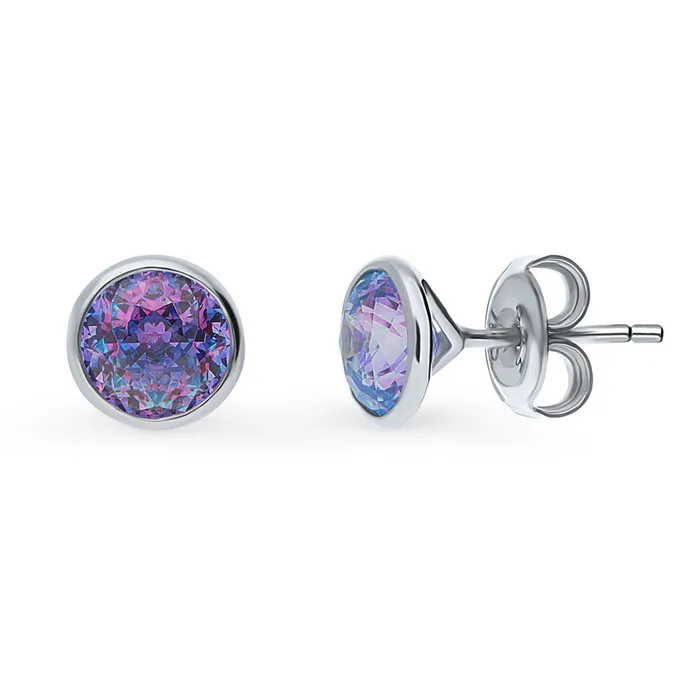 BERRICLE Earrings Solitaire Kaleidoscope Purple Aqua CZ Set in Sterling Silver
