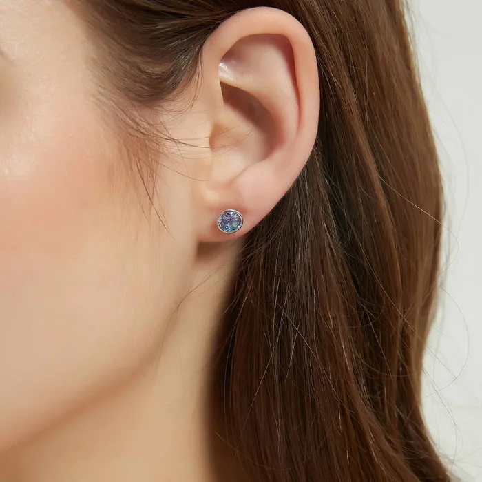 BERRICLE Earrings Solitaire Kaleidoscope Purple Aqua CZ Set in Sterling Silver