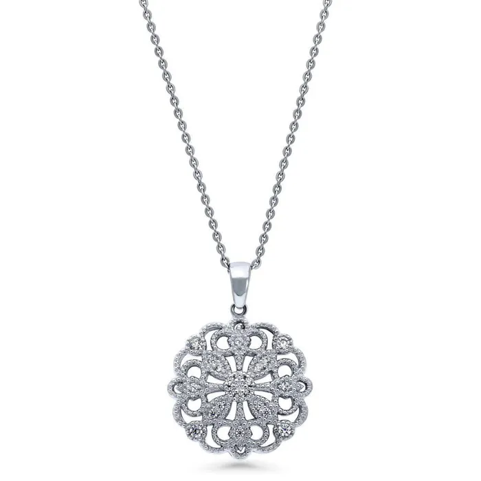 BERRICLE Necklaces Flower Filigree CZ Necklace in Sterling Silver