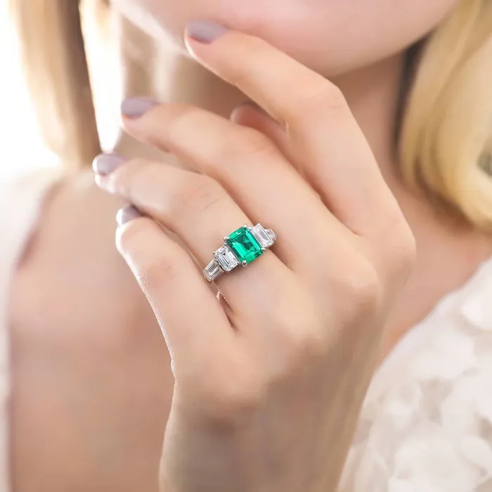 BERRICLE Rings 3Stone Simulated Emerald Emerald Cut CZ Ring in Sterling Silver