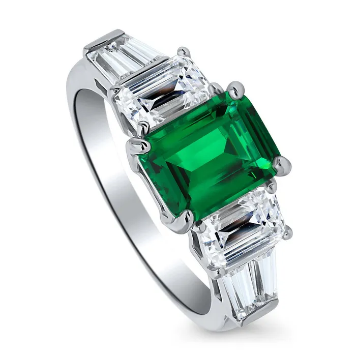 BERRICLE Rings 3Stone Simulated Emerald Emerald Cut CZ Ring in Sterling Silver