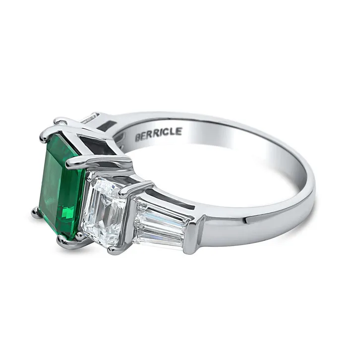 BERRICLE Rings 3Stone Simulated Emerald Emerald Cut CZ Ring in Sterling Silver