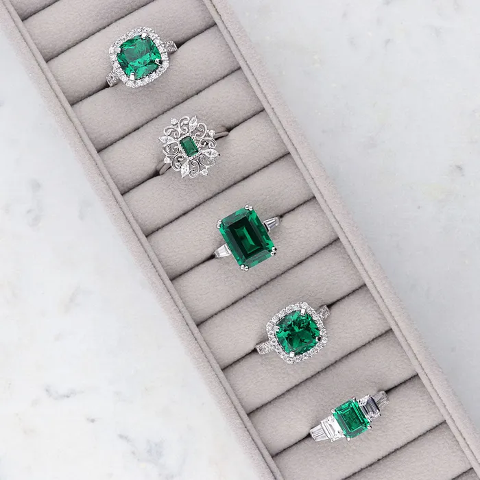BERRICLE Rings 3Stone Simulated Emerald Emerald Cut CZ Ring in Sterling Silver