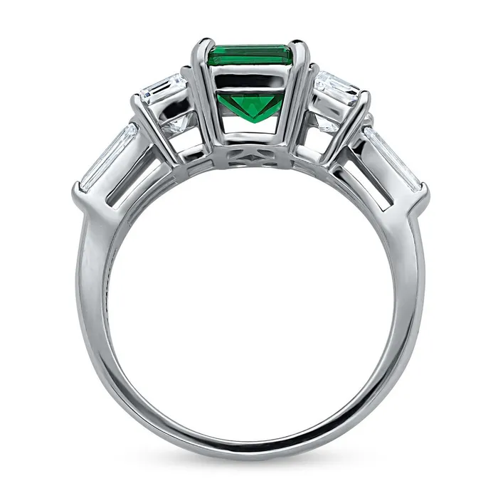 BERRICLE Rings 3Stone Simulated Emerald Emerald Cut CZ Ring in Sterling Silver