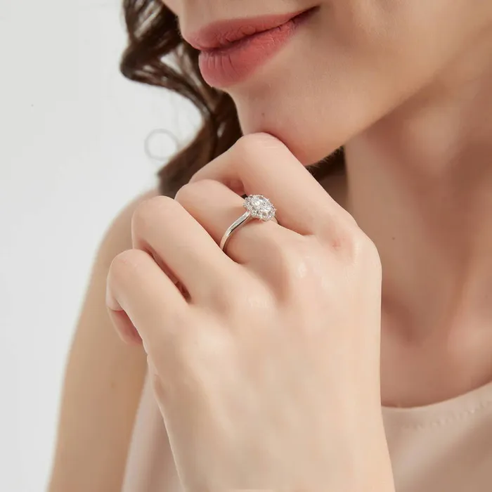 BERRICLE Rings Halo Art Deco Oval CZ Ring in Sterling Silver
