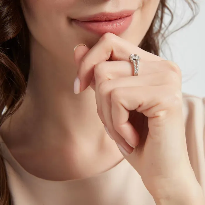 BERRICLE Rings Halo Wishbone CZ Split Shank Ring Set in Sterling Silver