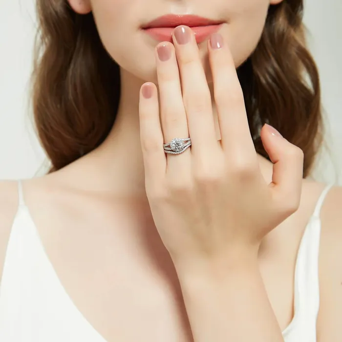 BERRICLE Rings Halo Wishbone CZ Split Shank Ring Set in Sterling Silver