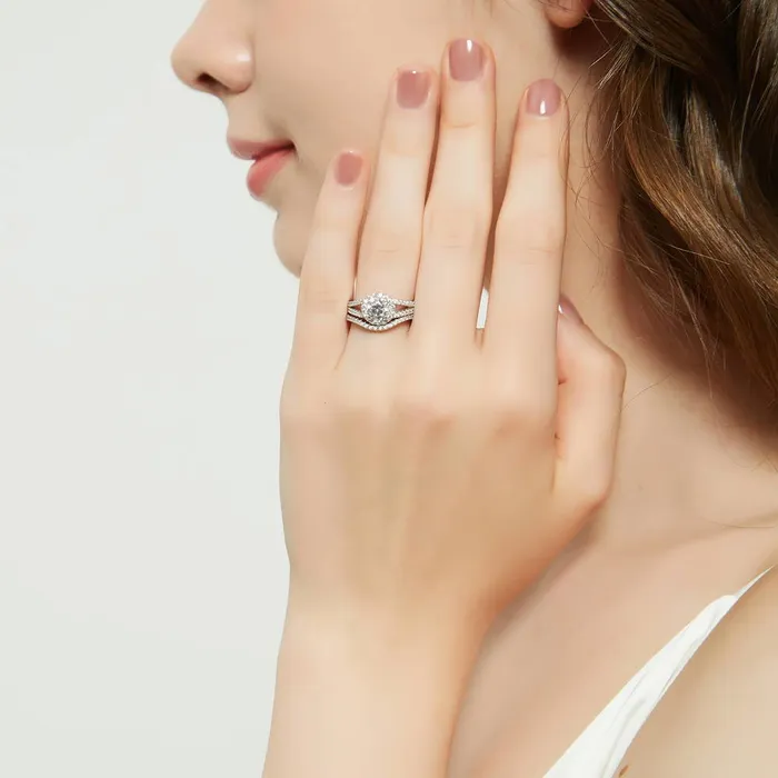 BERRICLE Rings Halo Wishbone CZ Split Shank Ring Set in Sterling Silver