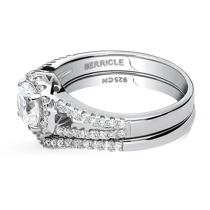 BERRICLE Rings Halo Wishbone CZ Split Shank Ring Set in Sterling Silver