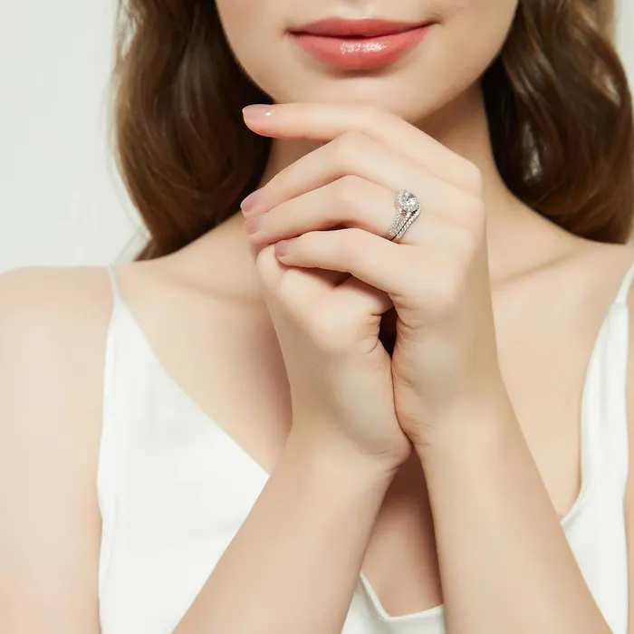 BERRICLE Rings Halo Wishbone CZ Split Shank Ring Set in Sterling Silver