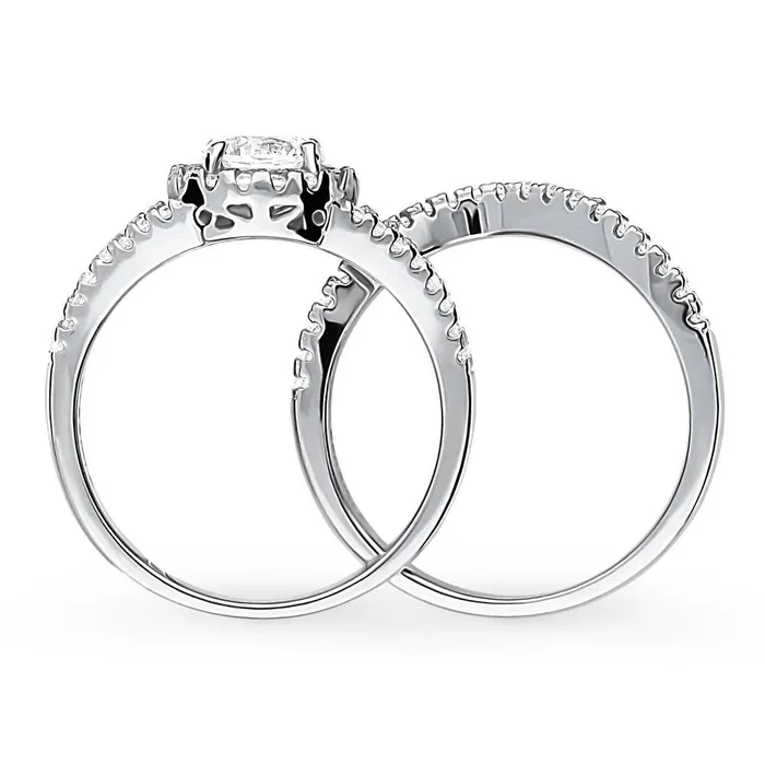 BERRICLE Rings Halo Wishbone CZ Split Shank Ring Set in Sterling Silver