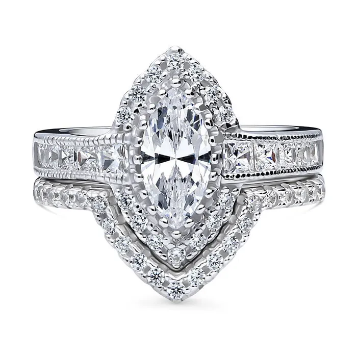 BERRICLE Rings Halo Wishbone Marquise CZ Ring Set in Sterling Silver
