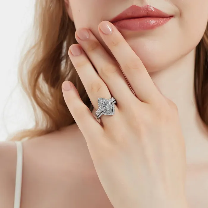 BERRICLE Rings Halo Wishbone Marquise CZ Ring Set in Sterling Silver