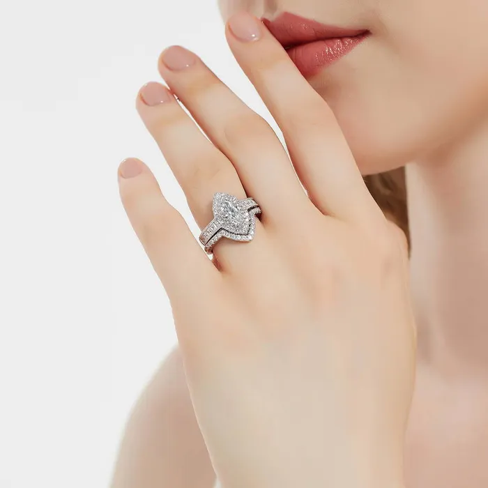 BERRICLE Rings Halo Wishbone Marquise CZ Ring Set in Sterling Silver