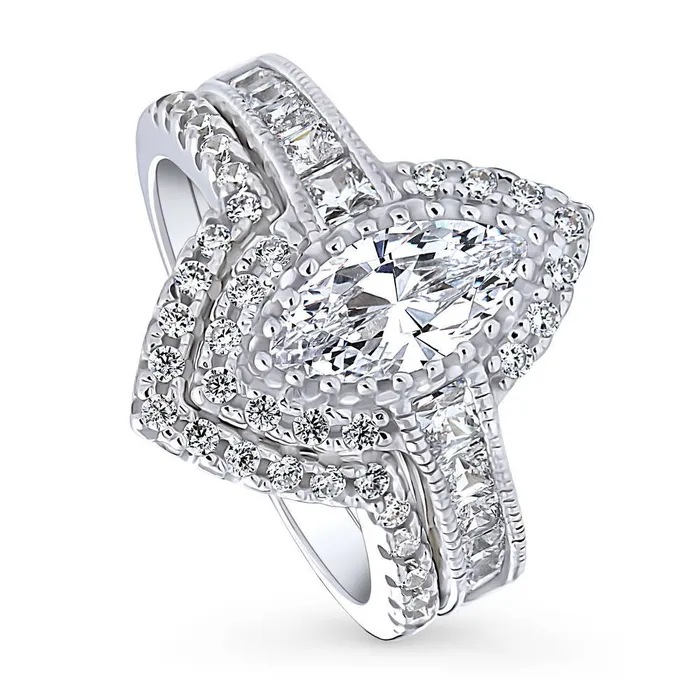 BERRICLE Rings Halo Wishbone Marquise CZ Ring Set in Sterling Silver