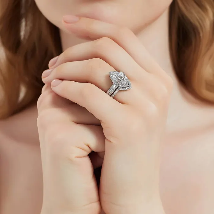 BERRICLE Rings Halo Wishbone Marquise CZ Ring Set in Sterling Silver
