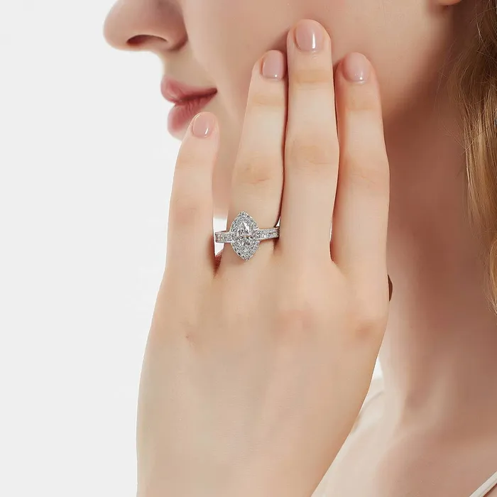 BERRICLE Rings Halo Wishbone Marquise CZ Ring Set in Sterling Silver