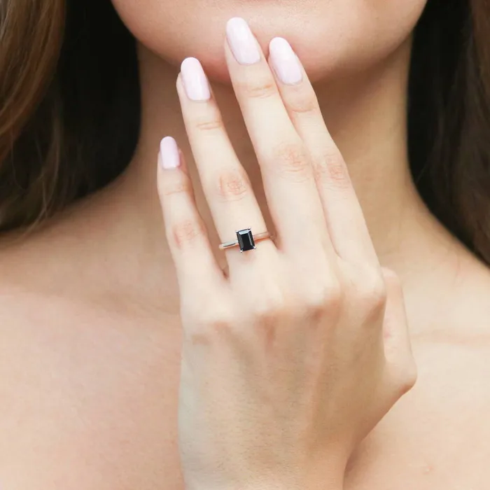 BERRICLE Rings Solitaire Black Emerald Cut CZ Ring in Sterling Silver 1ct