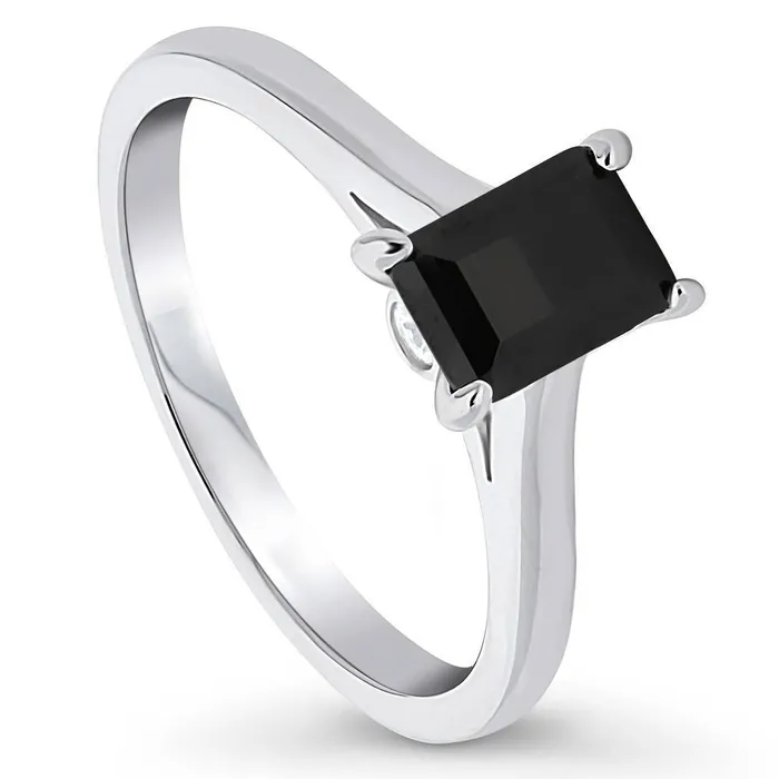 BERRICLE Rings Solitaire Black Emerald Cut CZ Ring in Sterling Silver 1ct